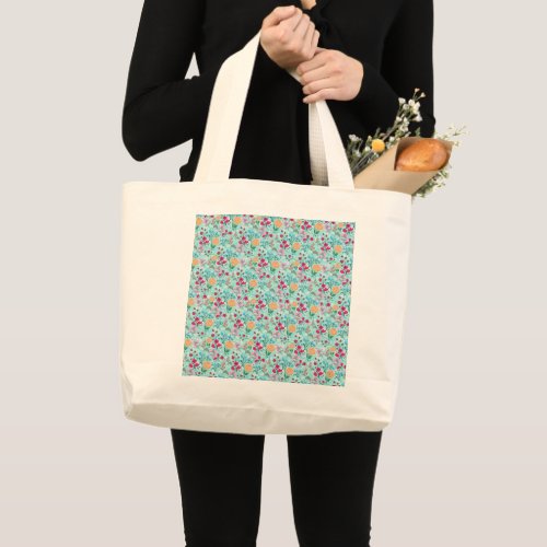 Cute Pink  Blue Small Floral Mint Design Large Tote Bag