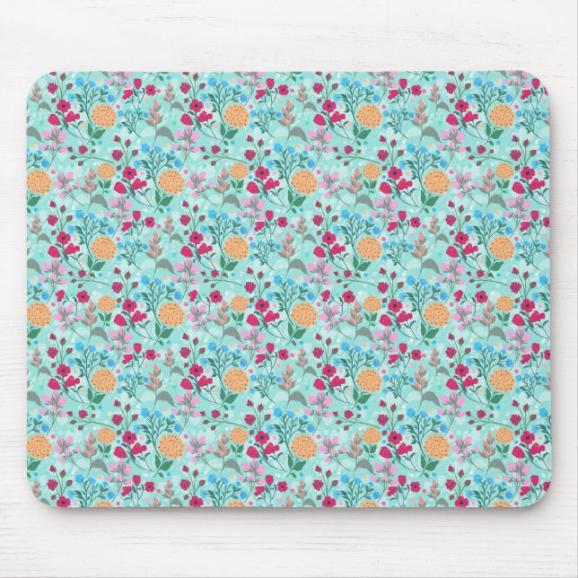 Cute Pink & Blue Small Floral Mint Design Mouse Pad (Front)