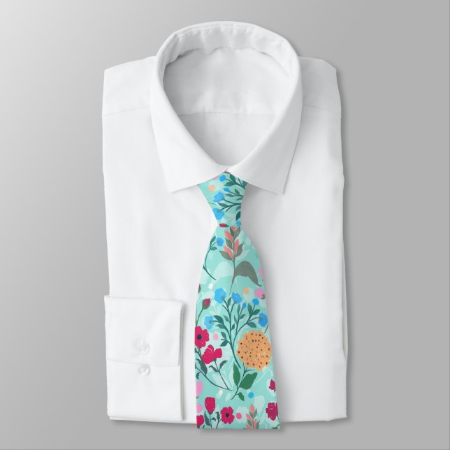 Cute Pink & Blue Small Floral Mint Design Neck Tie (Tied)