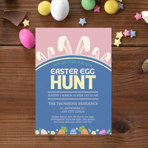 Cute Pink Blue Spring Bunny Easter Egg Hunt Invitation