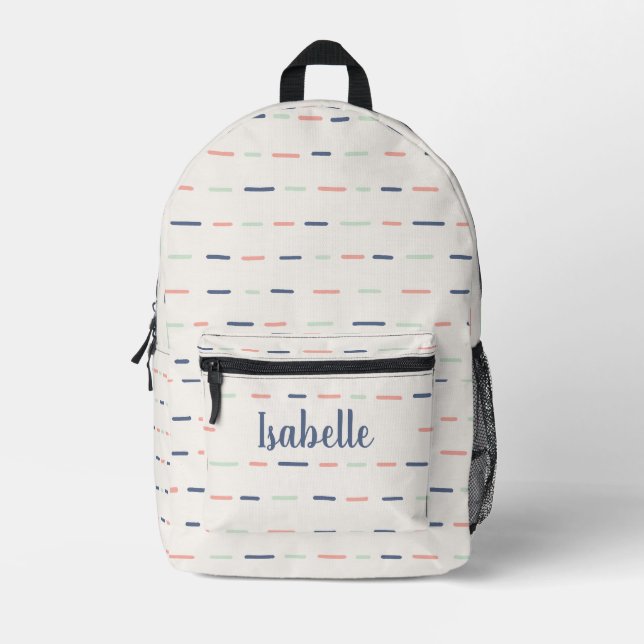 Cute Pink Blue Stripes Monogram Name Printed Backpack (Front)