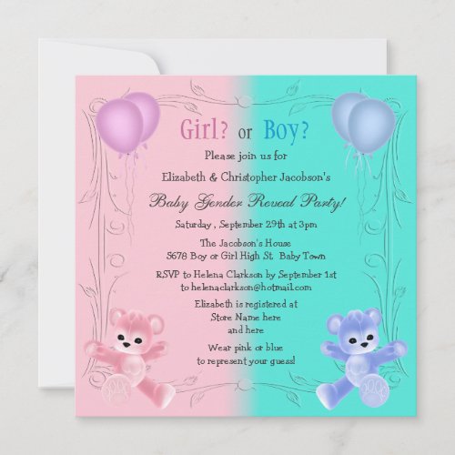 Cute Pink  Blue Teddy Bears Baby Gender Reveal Invitation