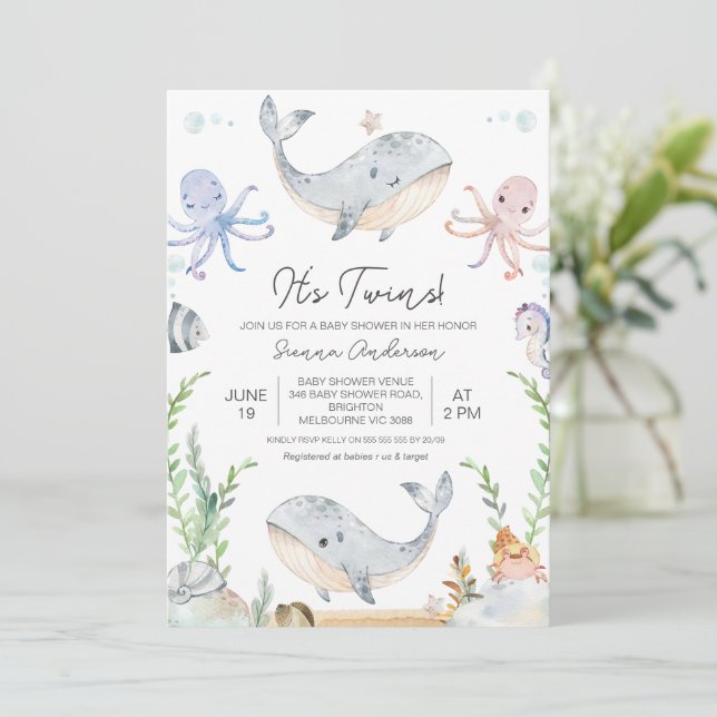 Cute Pink Blue Twins Under Sea Baby Shower Invitation (Standing Front)