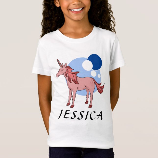 Cute Pink Blue Unicorn Bubbles Girl Name T-Shirt (Front)