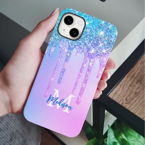 Cute pink blue Unicorn Glitter Drips monogram iPhone 15 Case