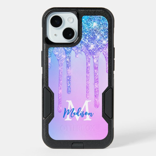 Cute pink blue Unicorn Glitter Drips monogram iPhone 15 Case (Back)