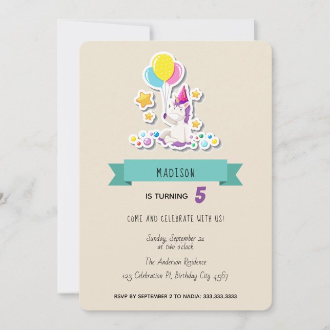 Cute Pink Blue Unicorn Pony Kids Birthday Party Invitation (Front)