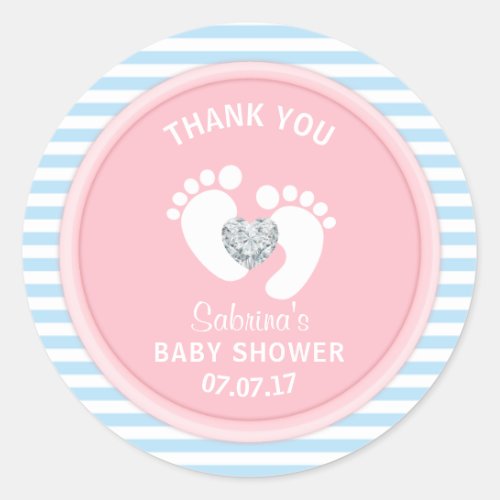 Cute Pink Blue White Baby Shower Gender Reveal Classic Round Sticker