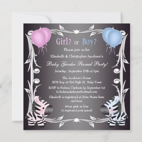 Cute Pink &amp; Blue Zebras Baby Gender Reveal Shower Custom Announcements