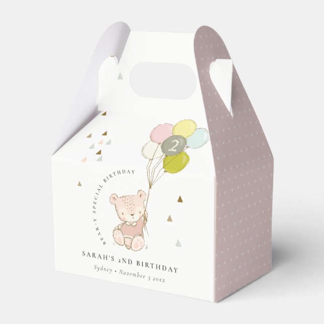 Cute Pink Blush Bear Balloon Any Age Birthday Favor Boxes (Front Side)