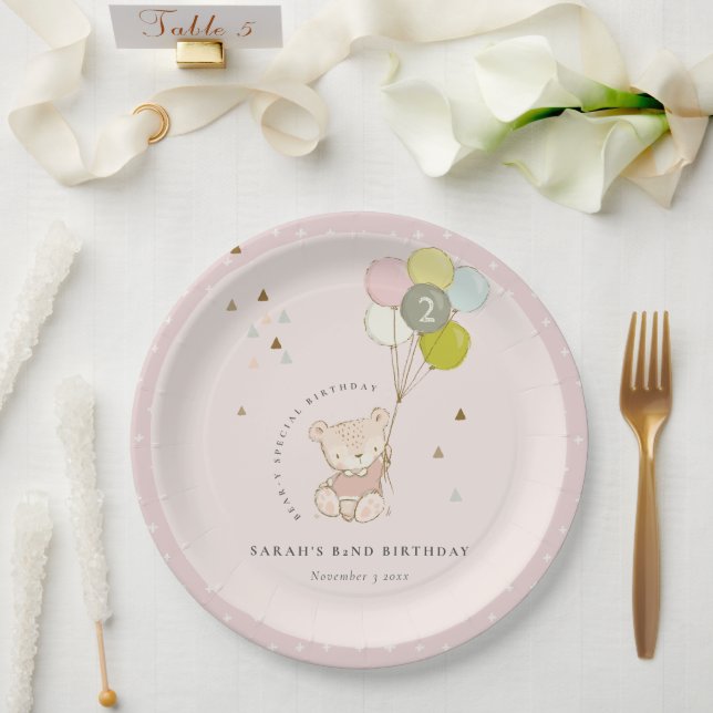 Cute Pink Blush Bear Balloon Any Age Birthday Paper Plates (Wedding)