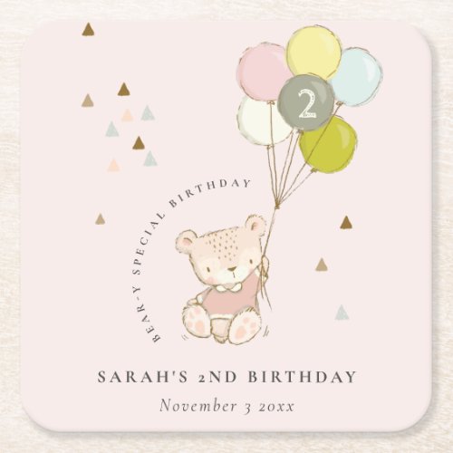 Cute Pink Blush Bear Balloon Any Age Birthday Square Paper Coaster