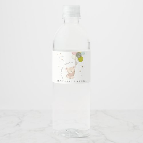Cute Pink Blush Bear Balloon Any Age Birthday Water Bottle Label