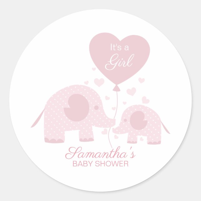 Cute Pink Blush Elephant Girl Baby Shower Classic Round Sticker (Front)