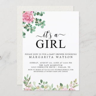 Cute Pink Blush Floral Watercolor Girl Baby Shower Invitation
