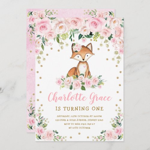 Cute Pink Blush Floral Woodland Fox Girls Birthday Invitation