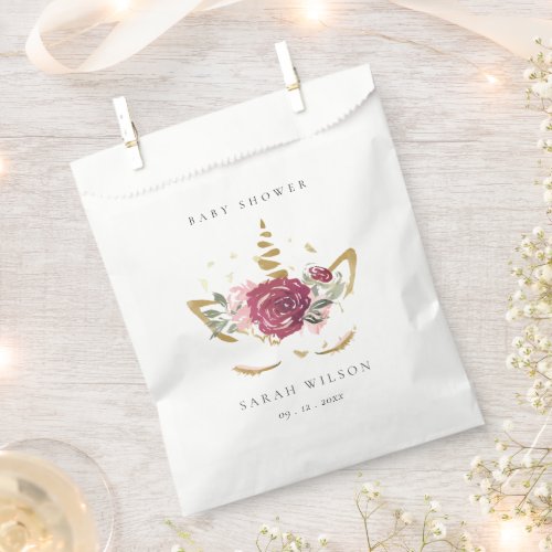 Cute Pink Blush Gold Floral Unicorn Baby Shower Favor Bag