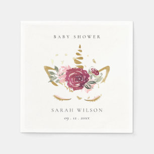 Cute Pink Blush Gold Floral Unicorn Baby Shower Napkins