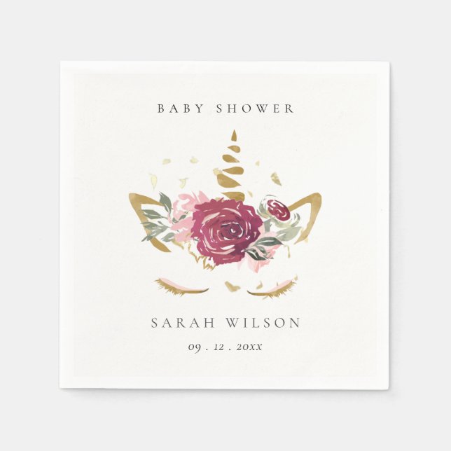 Cute Pink Blush Gold Floral Unicorn Baby Shower Napkins (Front)