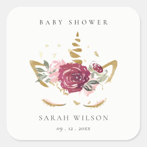 Cute Pink Blush Gold Floral Unicorn Baby Shower Square Sticker