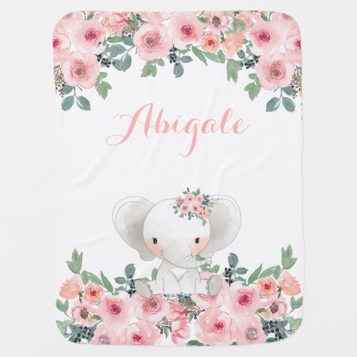 Cute Pink Blush Rose Floral Elephant Baby Blanket