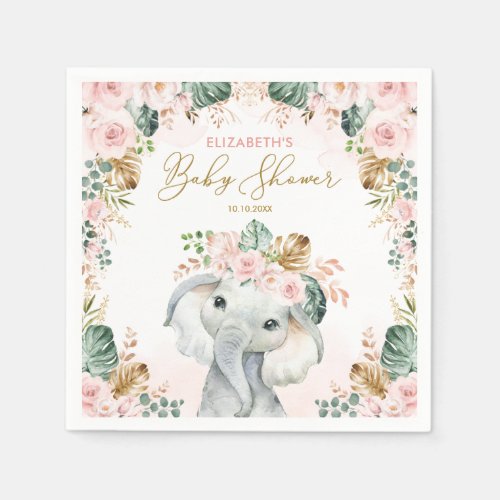 Cute Pink Blush Tropical Elephant Baby Shower Napkins