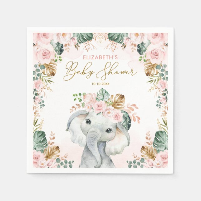Cute Pink Blush Tropical Elephant Baby Shower Napkins (Front)