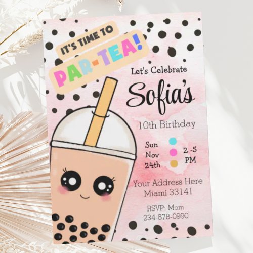 Cute Pink Boba Tea Girl Birthday Party Invitation 