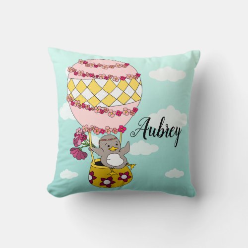 Cute Pink Boho Flower Penguin Hot Air Balloon Throw Pillow