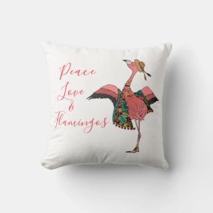Cute Pink Boho Peace Love and Flamingos Throw Pillow
