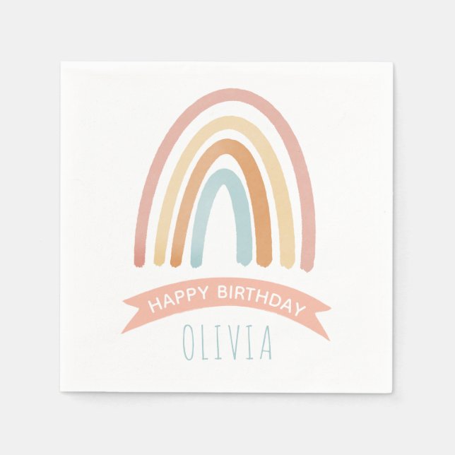 Cute Pink Boho Rainbow Girls Birthday Napkins (Front)