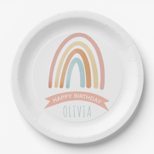 Cute Pink Boho Rainbow Girls Birthday Paper Plates