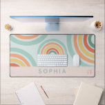 Cute Pink Boho Rainbow Initials Desk Mat<br><div class="desc">This cute boho desk mat features a colorful abstract rainbow design,  with pinks and blues. The modern mat also features space for you to add a name at the bottom,  and your initials at the bottom right corner.</div>