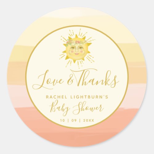 Cute Pink Boho Rainbow Ray of Sunshine Baby Shower Classic Round Sticker