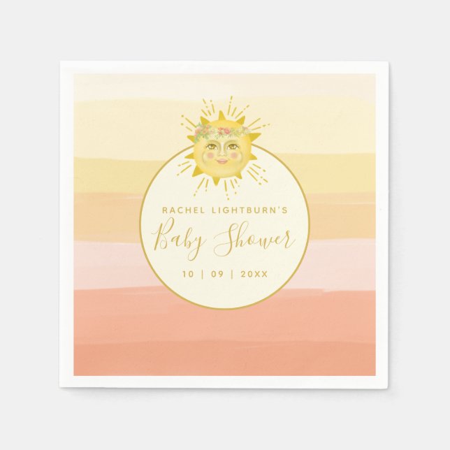Cute Pink Boho Rainbow Ray of Sunshine Baby Shower Napkins (Front)