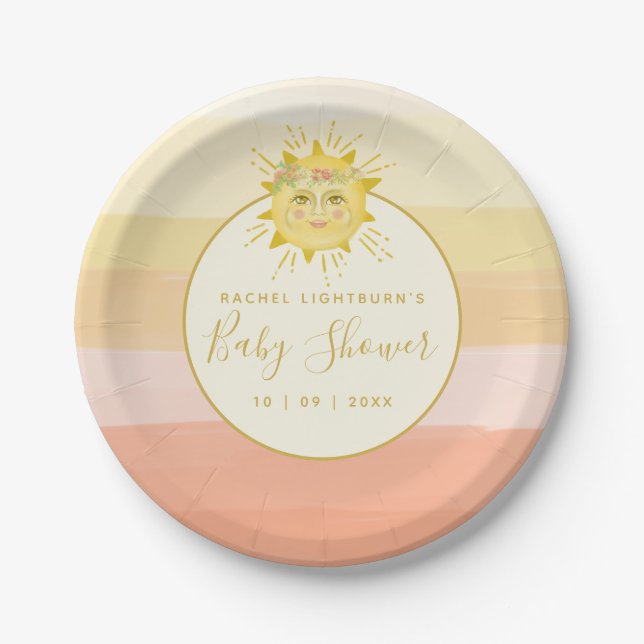 Cute Pink Boho Rainbow Ray of Sunshine Baby Shower Paper Plates (Front)