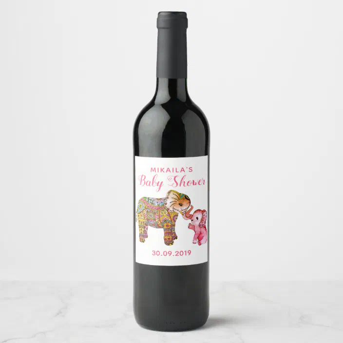 Cute Pink Boho Watercolor Elephant Baby Shower Wine Label Zazzle Com