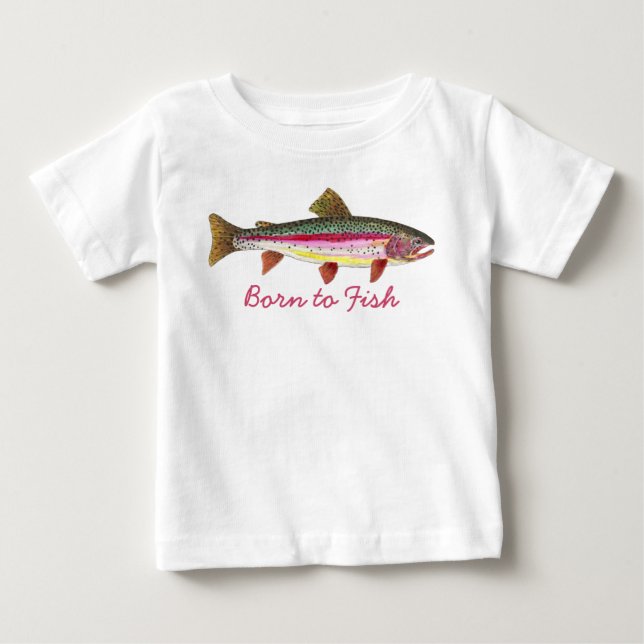 Cute Pink "Born to Fish" Trout Fly Fishing Baby T-Shirt (Front)