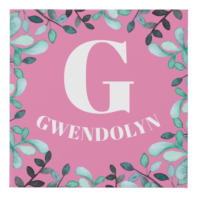  Cute Pink Botanical Baby Girl Monogram Nursery  Faux Canvas Print (Front)