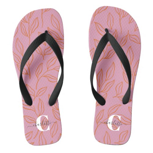 Cute Pink Botanical Custom Monogrammed Name    Flip Flops