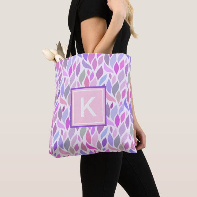 Cute Pink Botanical Leaf Girls Monogram Tote Bag (Close Up)