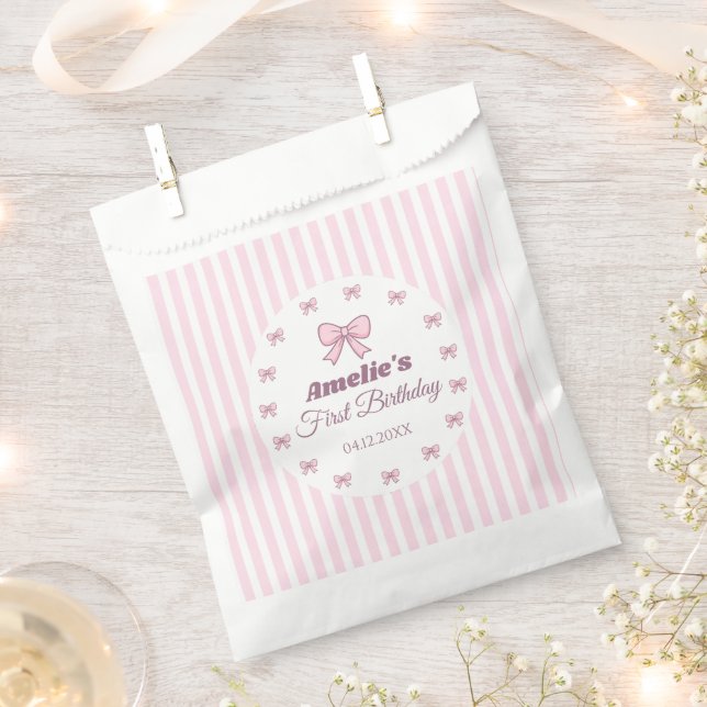 Cute Pink Bow 1st Birthday Party Favor Bag (Clipped)