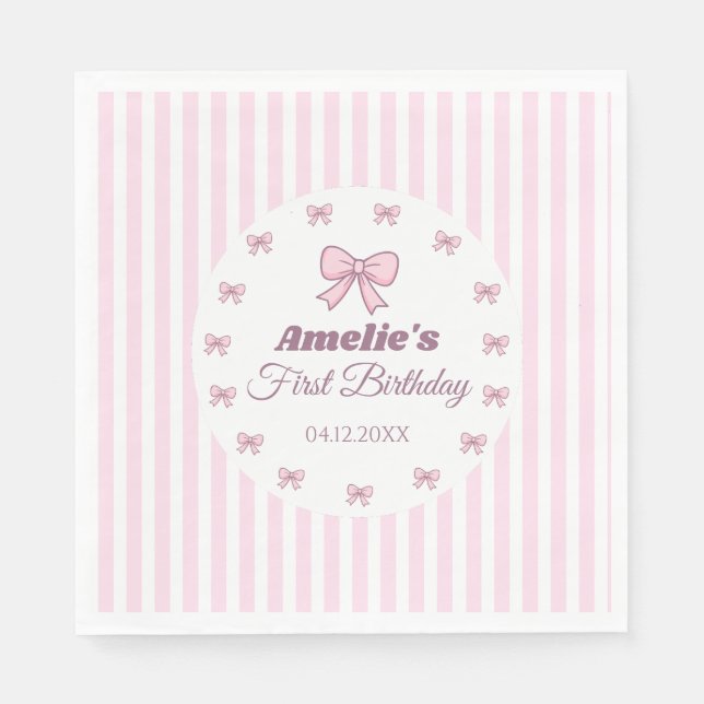 Cute Pink Bow 1st Birthday Party Napkins (Front)
