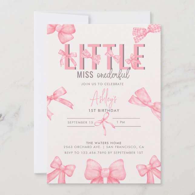 Cute Pink Bow 1st Girl's Birthday Invitation (Front)
