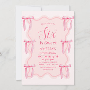 Cute Pink Bow 6th Birthday Invitation