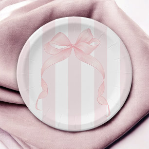 Cute Pink Bow and Awning Stripes Girly Paper Plates