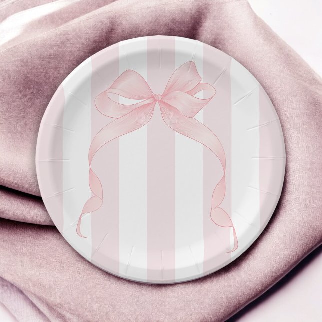Cute Pink Bow and Awning Stripes Girly Paper Plates (Creator Uploaded)