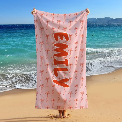 Cute Pink Bow And Ribbon Custom Name Beach Towel