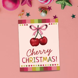 Cute Pink Bow and Sweet Red Cherry Christmas Card