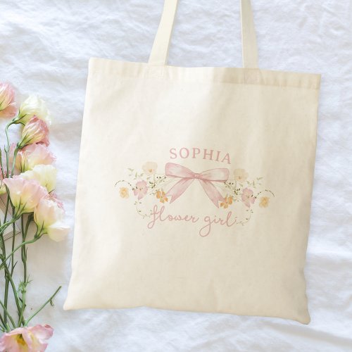 Cute Pink Bow and Wildflowers Modern Flower Girl Tote Bag